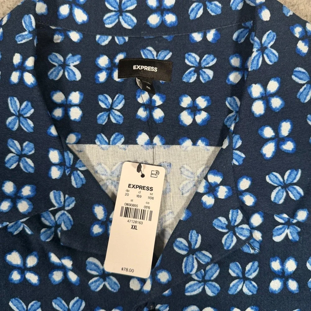 Express Shirt Mens 2XL Blue Floral Button Up Camp Linen Blend Beach Casual New